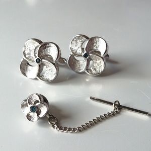 Swank Vintage Silvertone Blue Rhinestone Cufflinks Tie Tack Pin Matching Set